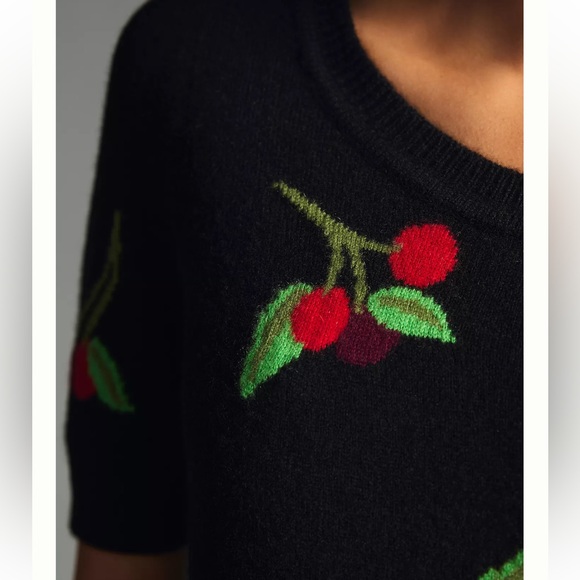 Anthropologie Maeve Puff-Sleeve Cashmere Jumper XS Black with Cherry Print - Picture 4 of 11